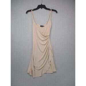 PrettyLittleThing Beige Draped Asymmetrical Spaghetti Strap Bodycon Dress Size 4